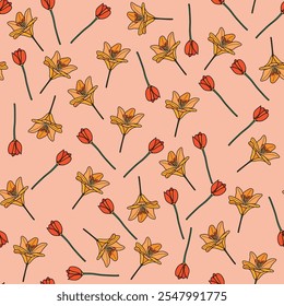 Padrão contínuo de Tulipa e Lilium estilo de desenho à mão com fundo em um conceito de flor selvagem, ilustração