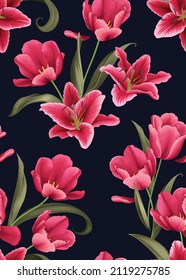 Seamless pattern of Tulip and Lily flower with leaf background template. Vector set of floral element for tropical print, wedding invitations, greeting card, brochure, banners and fashion design.