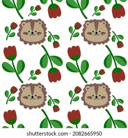 Seamless pattern Tulip and Lion.
Cute pattern in small flower.
Red Tulip. Style patterned design.
Lion pattern. Cute Lion.