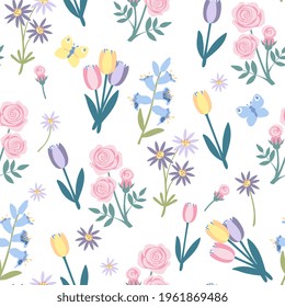 Seamless pattern of tulip, rose, purple daisy and blue bell flower on white background. Simple floral pattern in flat style. Vector illustration.