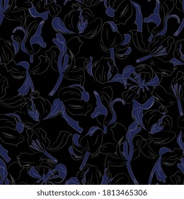 seamless pattern with tulips. Abstract floral background, lineart, sketch. Elegant art nouveau background