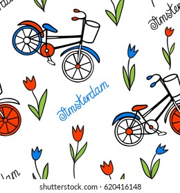 Seamless pattern with tulips and bicycles. Hand drawn in Doodle style. Blue, red and white colors of the flag of the Netherlands.