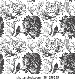 seamless pattern. Tulips. Black-and-white line. Linear flowers, design elements. Ornament flower, floral design,flowers design, floral clipart, flowers Vector,flower Art, flower pattern