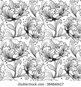 seamless pattern. Tulips. Black-and-white line. Linear flowers, design elements. Ornament flower, floral design,flowers design, floral clipart, flowers Vector,flower Art, flower pattern