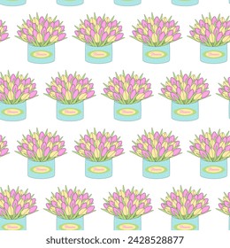 Patrón sin costuras de ramos de tulipanes en caja con flores de color amarillo suave y rosa suave. Fondo floral