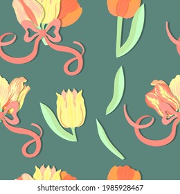 Seamless pattern with a tulips in bouquets tied with ribbon. Tulips and leaves on the green background. Effect of the applique made by shadows. Background for web, apps and print usage.