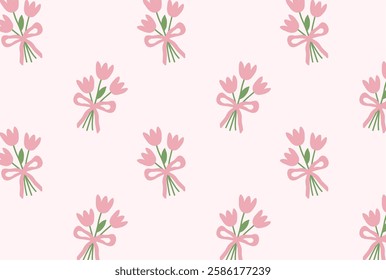 Seamless pattern with tulips and bows. Cute spring print with bouquets. Feminine background for websites, printing on children's clothing, woven fabrics, packaging and other surfaces. 