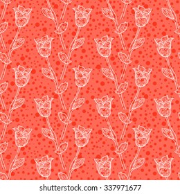 Seamless pattern with tulips branches. Pencil sketch collection vector illustration. Hand drawn floral print for summer spring fashion textile. Tiling background with flowers, vines and leaves in red