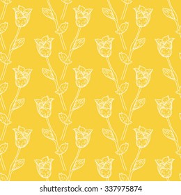 Seamless pattern with tulips branches. Pencil sketch collection vector illustration. Hand drawn floral print for summer spring fashion. Easter background with flowers, vines and leaves in yellow