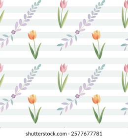 Seamless pattern with tulips and branches. Spring background in pastel colors. Romantic flower pattern