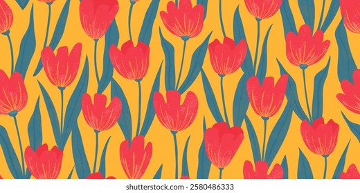 Seamless pattern with tulips. Bright colorful design, spring flowers. Vector illustration for cover, fabric, wrapping paper and more.