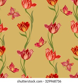 Seamless pattern with tulips and butterflies.
