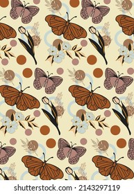 Seamless pattern with tulips and butterfly on the beige background