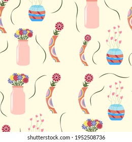 Seamless pattern of tulips, chamomile and other flowers in figured vase. Plants for decoration, spring flowers. Flowers for celebration.