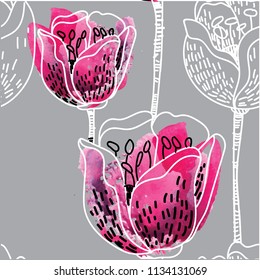 Seamless pattern with tulips. Children's coloring. A meditative picture. Points, stripes, spots, lines. Simple summer pattern, stylish background.