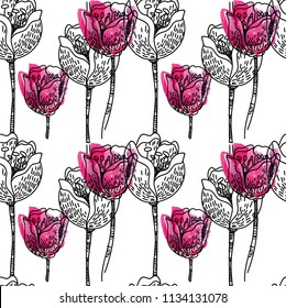 Seamless pattern with tulips. Children's coloring. A meditative picture. Points, stripes, spots, lines. Simple summer pattern, stylish background.