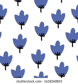 Seamless pattern with tulips. Classic blue flowers on white background. Hand drawn floral doodle elements. Spring fashion. Tropical plants. For post cards, wallpaper, textile and wrapping paper. 