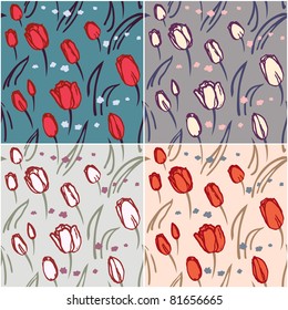 Seamless pattern of tulips with color scheme variations.