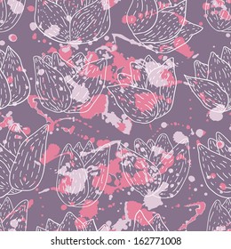 Seamless pattern with tulips, colored blots, drops of paint in pink and purple tones