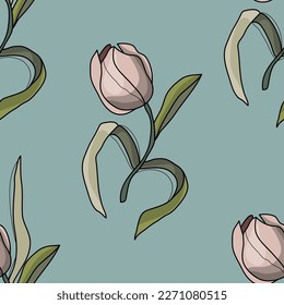 Seamless pattern of tulips. Colorful, graphic tulips. Spring, vector illustration. Postcard. International Women's Day. Template for advertising. An unusual bouquet of flowers.