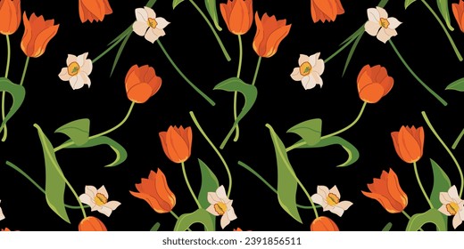 Seamless pattern with tulips and daffodils. Vector spring flowers on a black background. Illustration for printing on fabric, wallpaper, wrapping paper. Flat style.