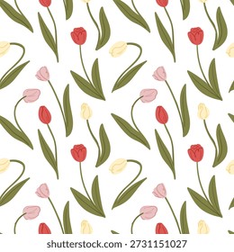 Seamless pattern of tulips field on white, lush spring buds with green stems and leaves for fabric, Easter paper and clothing