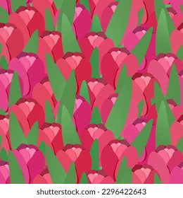 Seamless pattern with tulips. Field of tulips. Pink and red flowers, green leaves. Print for tee, greeting card, wrapping, fabric, packaging. Vector illustration