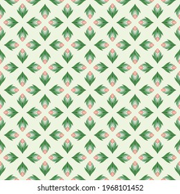 Seamless pattern with tulips in flat modern style. Design from multi-colored tulips in Damascus style. Vector illustration