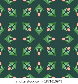Seamless pattern with tulips in flat modern style. Design from multi-colored tulips in Damascus style. Vector illustration