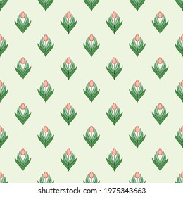 Seamless pattern with tulips in flat modern style. Design from multi-colored tulips in Damascus style. Vector illustration