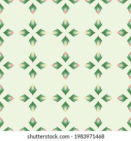 Seamless pattern with tulips in flat modern style. Design from multi-colored tulips in Damascus style. Vector illustration