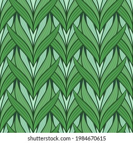 Seamless pattern with tulips in flat modern style. Design from multi-colored tulips in Damascus style. Vector illustration