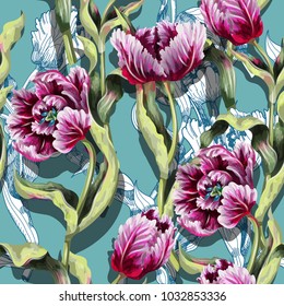 Seamless pattern with tulips flowers drawing in different style graphic and realistic. Trendy fashion vector illustration.