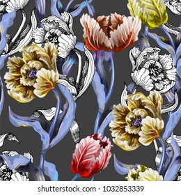 Seamless pattern with tulips flowers drawing in different style graphic and realistic. Trendy fashion vector illustration.