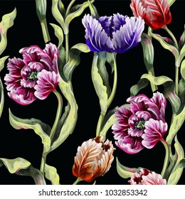 Seamless pattern with tulips flowers drawing in different style graphic and realistic. Trendy fashion vector illustration.