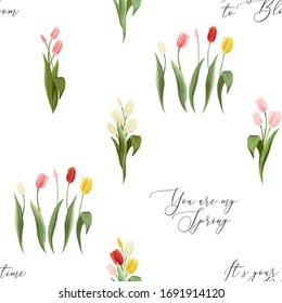 Seamless pattern with tulips flowers. Floral background print with blossom vector flower. Vintage graphic design. Repeatable abstract illustration. Simple digital watercolor drawing.