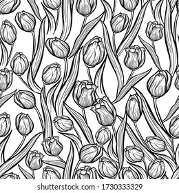 seamless pattern tulips flowers graphics bouquet outline stroke doodle sketch postcard background banner element icon vector illustration