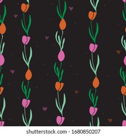 Seamless pattern with tulips or flowers and hearts on a black background. Flat minimalistic stock vector illustration for stylish print on fabric or textile and clothing decor