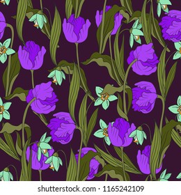 Seamless pattern with tulips flowers and leaves. 