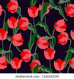 Seamless pattern with tulips flowers and leaves. 