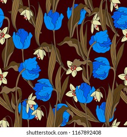 Seamless pattern with tulips flowers and leaves. 