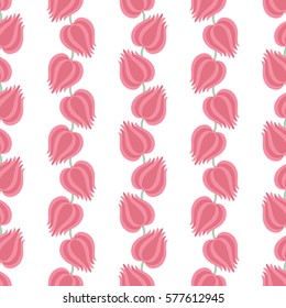 Seamless pattern of tulips in garlands. Floral spring print in pastel pink and green colors. Vector Illustration.
