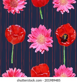 Seamless pattern with tulips and gerberas on a dark background