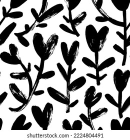 Seamless pattern with tulips with heart shape blossoms painted by brush. Hand drawn botanical ornament for weddings and Valentine's day. Vector floral branches with heart shapes buds.  