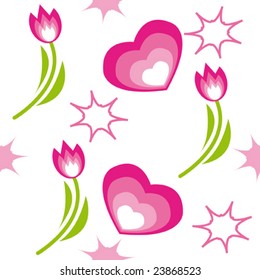 Seamless pattern with tulips, hearts and stars. Vector illustration.