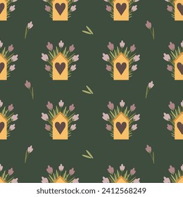 Seamless pattern with tulips and hearts. Vector illustration.