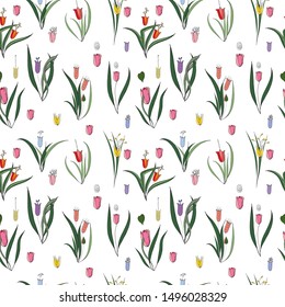 Seamless pattern with tulips and herbs. Endless texture for your design