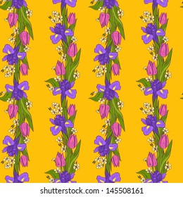 Seamless pattern with tulips and irises