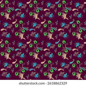 Motif harmonieux de tulipes, lys, minuscules fleurs et cachemire sur fond bordeaux avec de petites pois noirs. Impression ethnique pour tissu. Broderie florale.