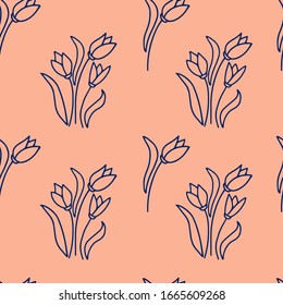 Seamless pattern tulips, line drawn. For wallpaper, background, textile, scrapbook. International Women's Day. Hand drawin tulips. Blue outline flowers and pink color background. Vector illustration.